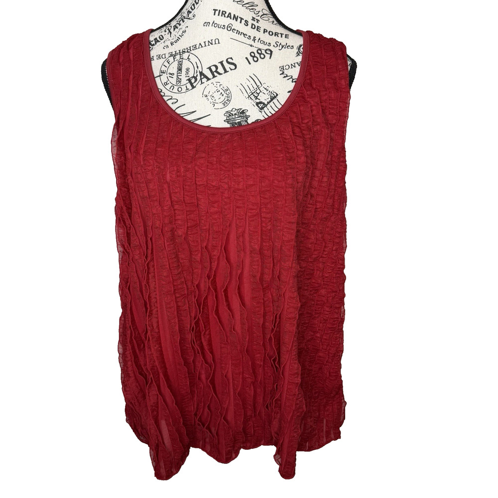 New Directions Sleeveless Top PXL Red Scoop Neck Allover Vertical Ruffle Trim